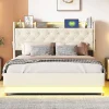 Redom Lit tapissé LED 140 par 200 cm USB rangement hydraulique tissu lin beige adultes et adolescents* Lit Avec Rangement