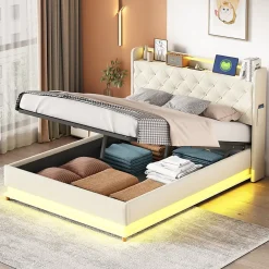 Redom Lit tapissé LED 140 par 200 cm USB rangement hydraulique tissu lin beige adultes et adolescents* Lit Avec Rangement
