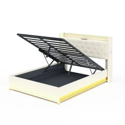 Redom Lit tapissé LED 140 par 200 cm USB rangement hydraulique tissu lin beige adultes et adolescents* Lit Avec Rangement