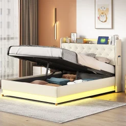 Redom Lit tapissé LED 140 par 200 cm USB rangement hydraulique tissu lin beige adultes et adolescents* Lit Avec Rangement