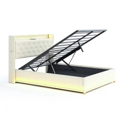 Redom Lit tapissé LED 140 par 200 cm USB rangement hydraulique tissu lin beige adultes et adolescents* Lit Avec Rangement