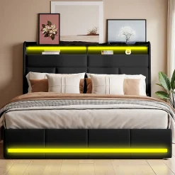 Lit tapissé 160x200 cm en PU noir avec LED, ports USB, sommier hydraulique et grand espace de rangement>ProximaX Best