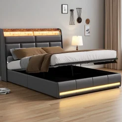Lit tapissé 160x200 cm en PU noir avec LED, ports USB, sommier hydraulique et grand espace de rangement>ProximaX Best