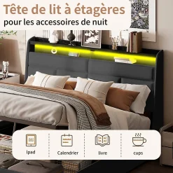 Lit tapissé 160x200 cm en PU noir avec LED, ports USB, sommier hydraulique et grand espace de rangement><noscript><img width=