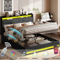 Lit tapissé 160x200 cm en PU noir avec LED, ports USB, sommier hydraulique et grand espace de rangement><noscript><img width=