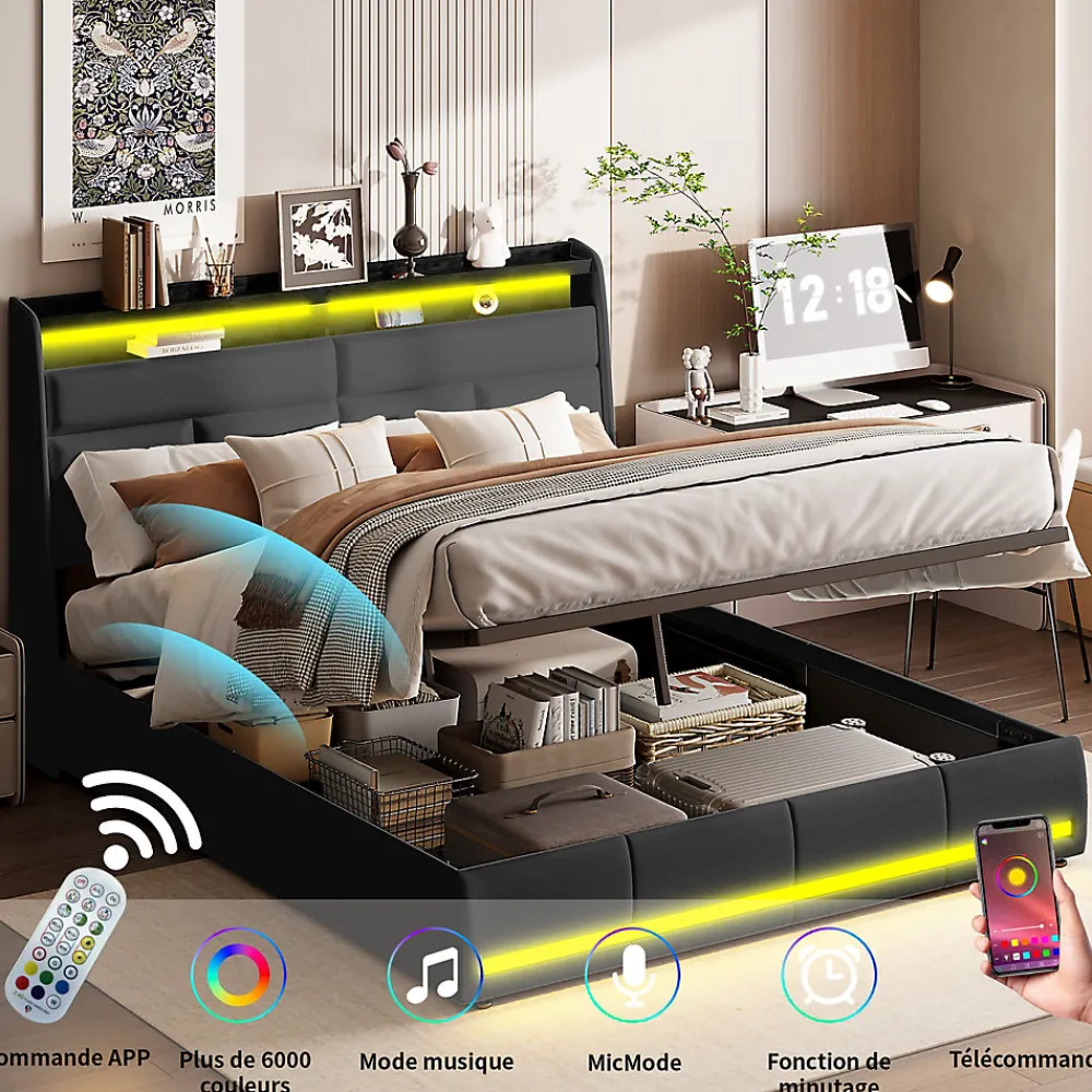 Lit tapissé 160x200 cm en PU noir avec LED, ports USB, sommier hydraulique et grand espace de rangement>ProximaX Best