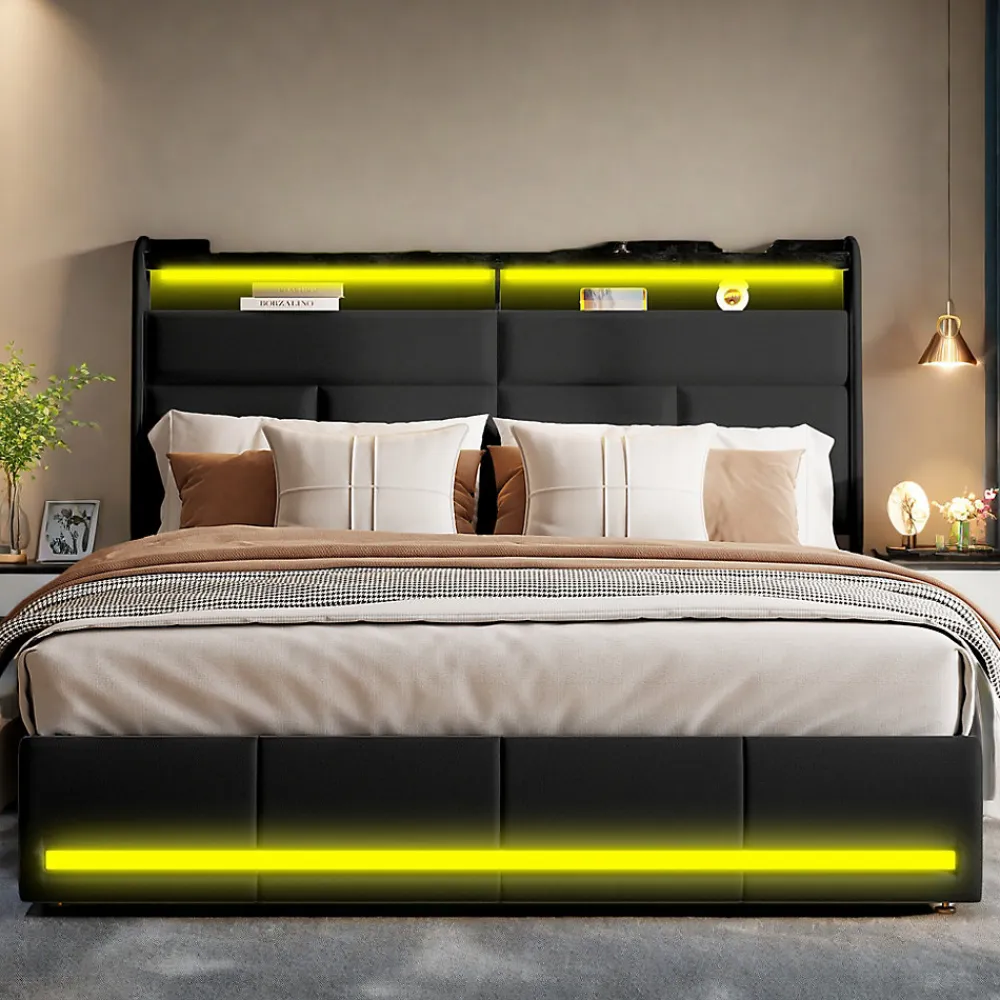 Lit tapissé 160x200 cm en PU noir avec LED, ports USB, sommier hydraulique et grand espace de rangement>ProximaX Best