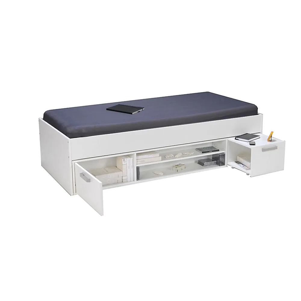 Weber Industries Lit TESS 90x200 + chevet + étagère + rangement / Blanc* Lit Simple