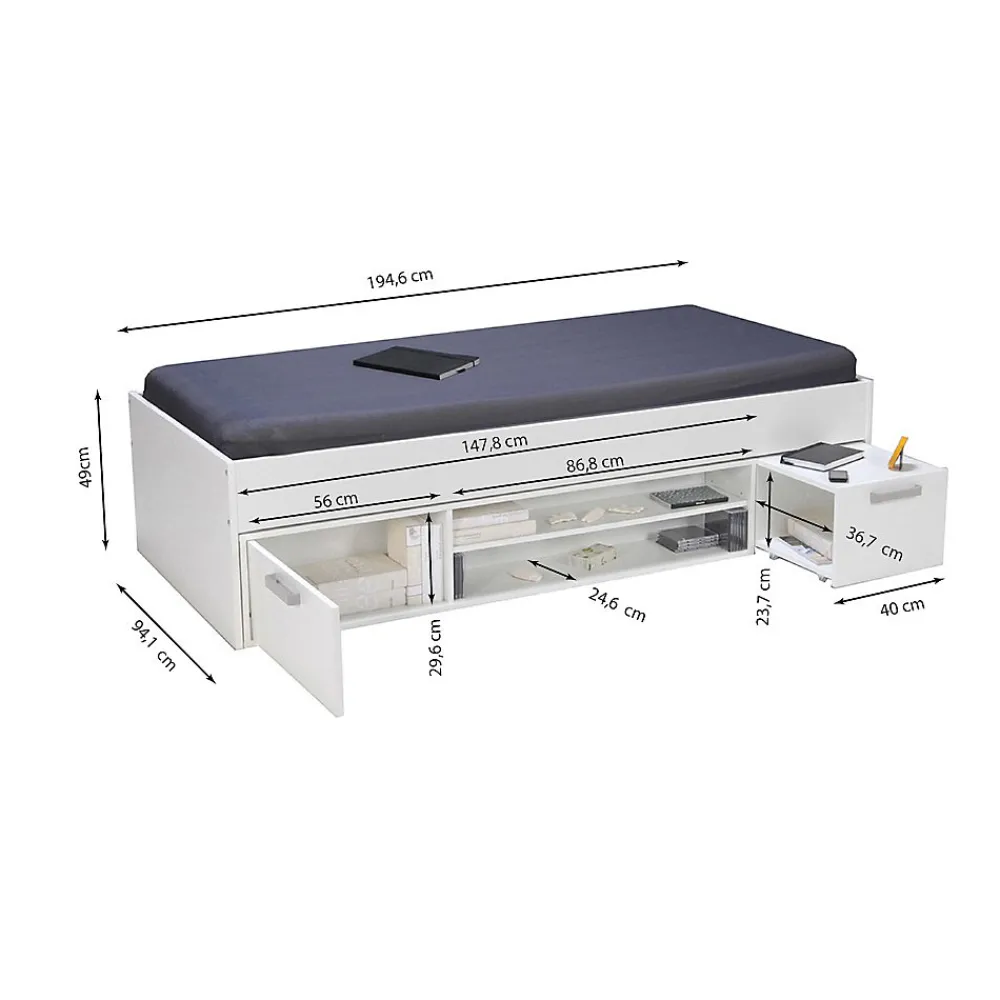 Lit TESS 90x190 + chevet + étagère + rangement / Blanc>Weber Industries Online