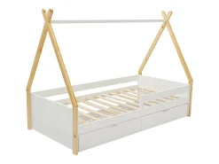 Lit tipi 90 x 190 cm avec tiroirs - Pin et MDF - Coloris : Blanc et naturel - LUANCO>Vente-unique Sale
