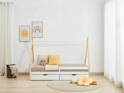 Lit tipi 90 x 190 cm avec tiroirs - Pin et MDF - Coloris : Blanc et naturel - LUANCO>Vente-unique Sale