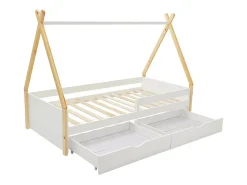 Lit tipi 90 x 190 cm avec tiroirs - Pin et MDF - Coloris : Blanc et naturel - LUANCO><noscript><img width=
