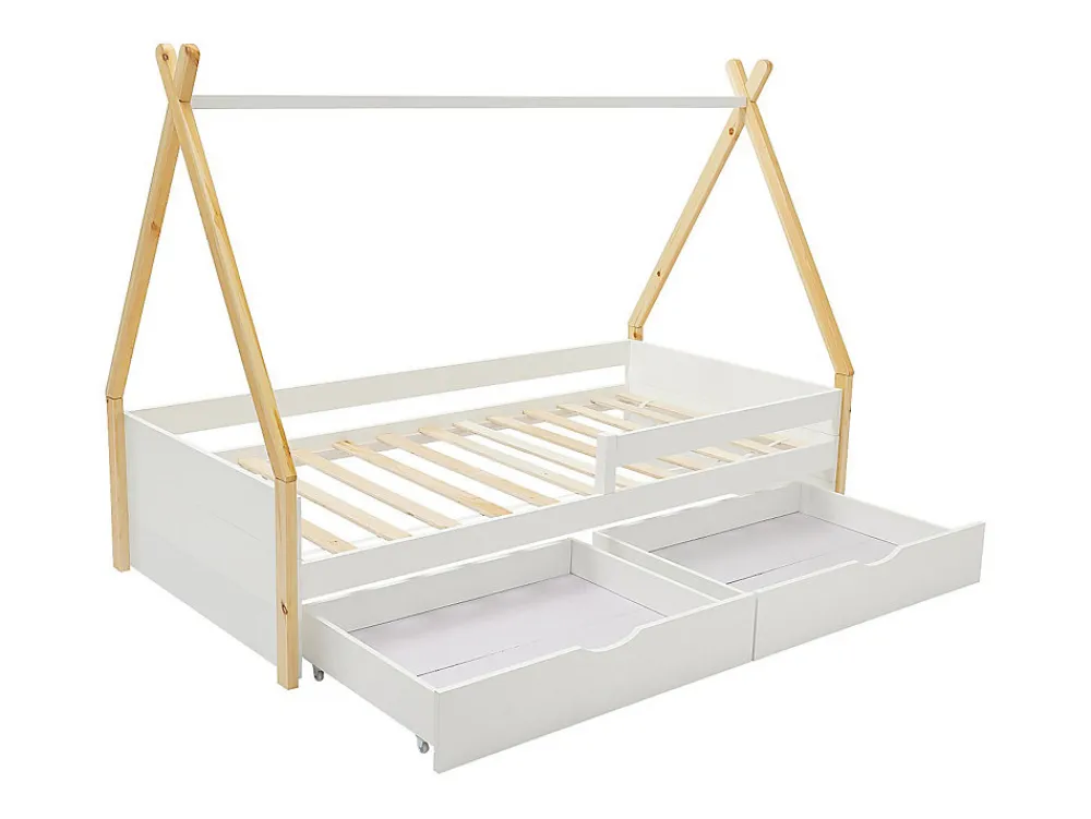 Lit tipi 90 x 190 cm avec tiroirs - Pin et MDF - Coloris : Blanc et naturel - LUANCO>Vente-unique Sale