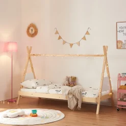 Lit tipi pour enfant Siikajoki bois de pin 90 x 200 cm naturel blanc en.casa>[En.Casa] Discount