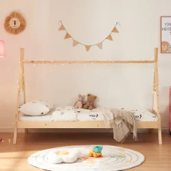Lit tipi pour enfant Siikajoki bois de pin 90 x 200 cm naturel blanc en.casa>[En.Casa] Discount