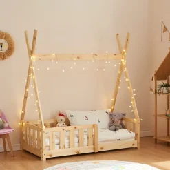 [En.Casa] Lit Tipi pour Enfants Helsingborg avec Grille de Sécurité Pin 140 x 70 cm naturel en.casa*Enfant Lit Enfant
