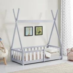 [En.Casa] Lit Tipi pour Enfants Helsingborg avec Grille de Sécurité Pin 140 x 70 cm Gris Clair en.casa*Enfant Lit Enfant