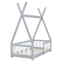 [En.Casa] Lit Tipi pour Enfants Helsingborg avec Grille de Sécurité Pin 140 x 70 cm Gris Clair en.casa*Enfant Lit Enfant