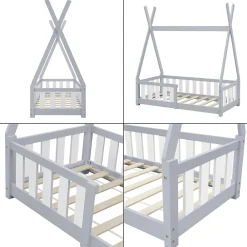 [En.Casa] Lit Tipi pour Enfants Helsingborg avec Grille de Sécurité Pin 140 x 70 cm Gris Clair en.casa*Enfant Lit Enfant
