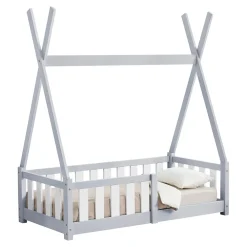 [En.Casa] Lit Tipi pour Enfants Helsingborg avec Grille de Sécurité Pin 140 x 70 cm Gris Clair en.casa*Enfant Lit Enfant