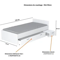 Weber Industries Lit TWIST 90x190 + chevet + tiroir / Blanc* Lit Simple
