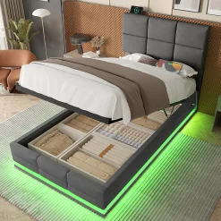 Lit velours 90x200 cm, tête réglable, USB/Type-C, LED, hydraulique, rangement XXL - gris>Blackcolors Hot