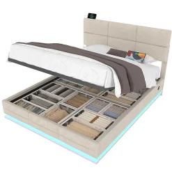 Blackcolors Lit velours 140x200 cm, tête réglable, USB/Type-C, LED, hydraulique - beige* Lit Coffre