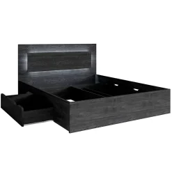 Meublorama Lit VELTIS 180x200 cm avec tete de lit LED Coloris frene noir Sommier et matelas non inclus* Lit Double