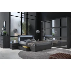 Meublorama Lit VELTIS 180x200 cm avec tete de lit LED Coloris frene noir Sommier et matelas non inclus* Lit Double
