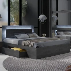 Meublorama Lit VELTIS 180x200 cm avec tete de lit LED Coloris frene noir Sommier et matelas non inclus* Lit Double