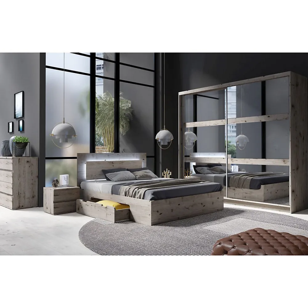 Lit VELTIS 160x200 cm avec tete de lit LED Coloris chene Wellington Sommier et matelas non inclus>Meublorama Online