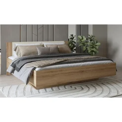 Lit VERTIGO 180x200 cm avec sommier inclus Chene sauvage et beige sable Pied de lit design><noscript><img width=