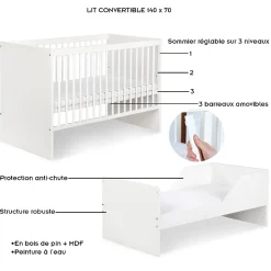 Monmobilierdesign Lit évolutif Bébé Convertible En Lit Enfant Blanc 140x70* Lit Coffre