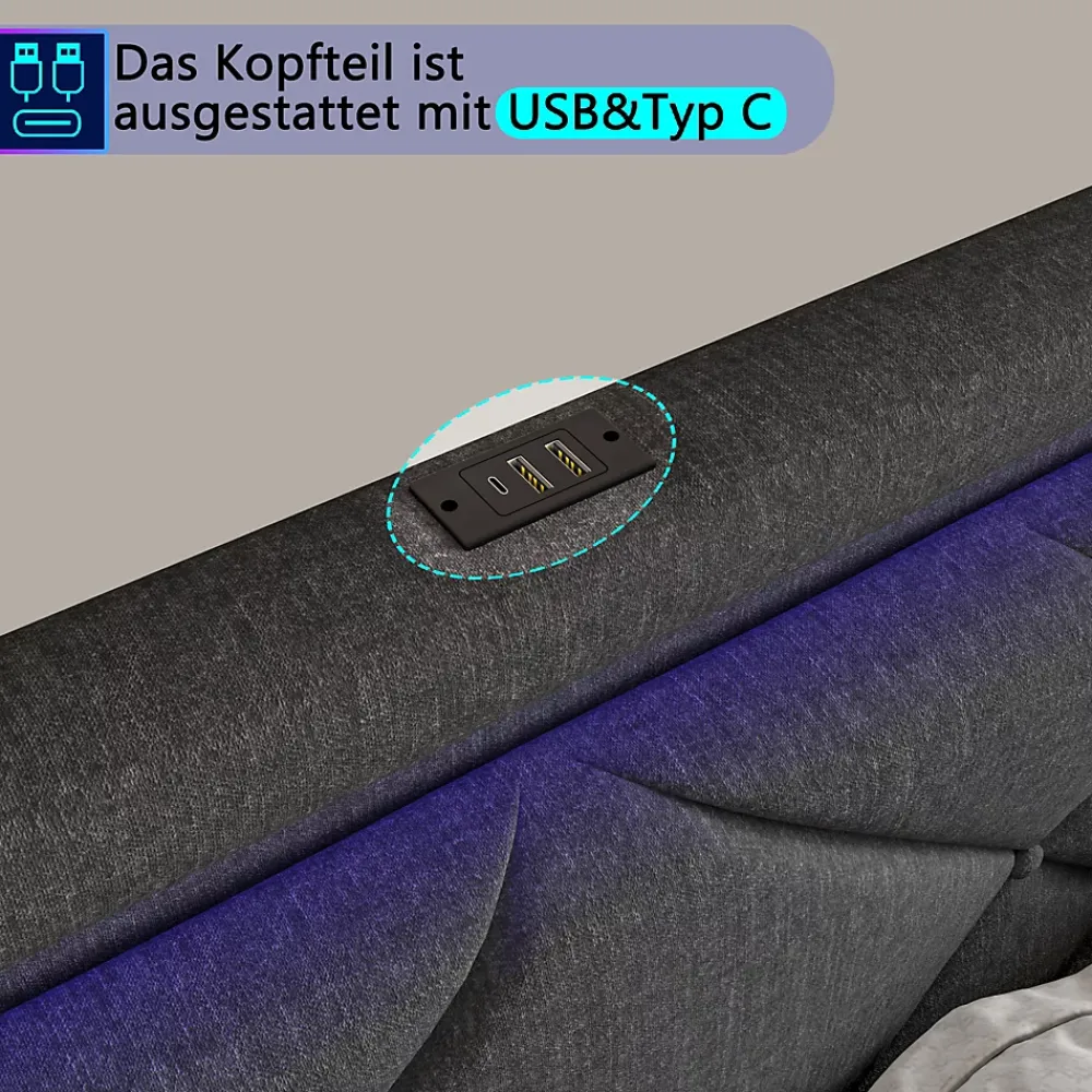 Generique Lit 160x200 avec LED et USB, Lit Double avec à Lattes, Lit capitonné 160x200cm avec 4 tiroirs et Grand Rangement Lit, Gris* Lit Double
