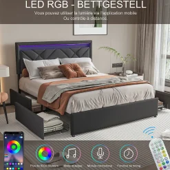 Generique Lit 160x200 avec LED et USB, Lit Double avec à Lattes, Lit capitonné 160x200cm avec 4 tiroirs et Grand Rangement Lit, Gris* Lit Double