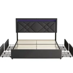 Generique Lit 160x200 avec LED et USB, Lit Double avec à Lattes, Lit capitonné 160x200cm avec 4 tiroirs et Grand Rangement Lit, Gris* Lit Double