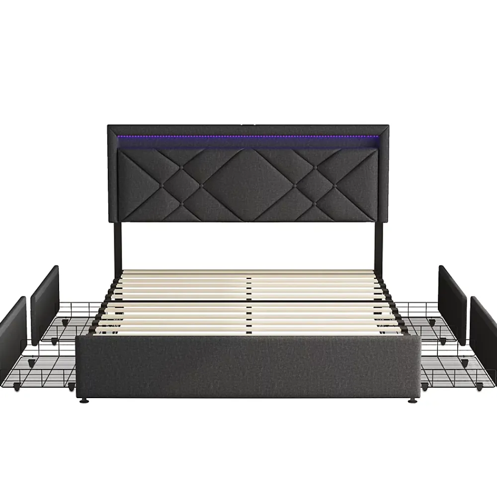 Generique Lit 160x200 avec LED et USB, Lit Double avec à Lattes, Lit capitonné 160x200cm avec 4 tiroirs et Grand Rangement Lit, Gris* Lit Double