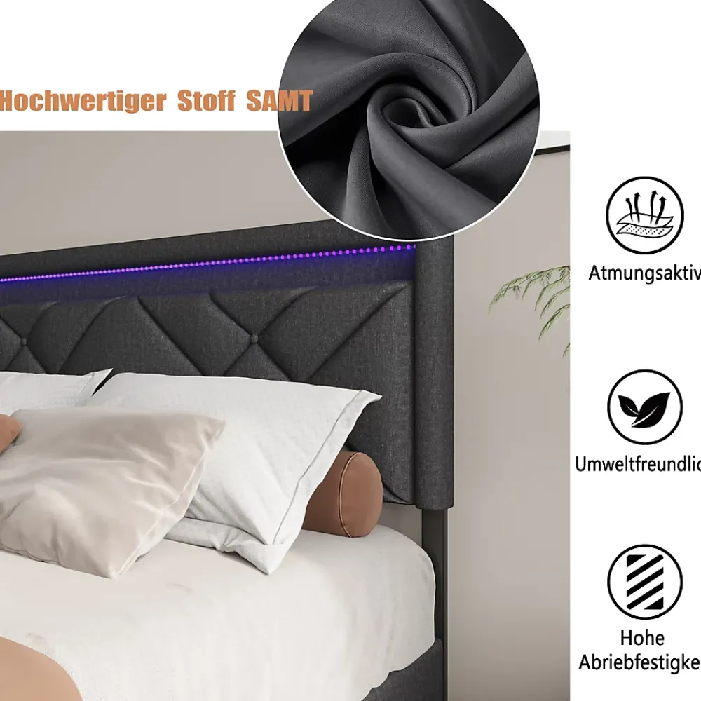 Generique Lit 160x200 avec LED et USB, Lit Double avec à Lattes, Lit capitonné 160x200cm avec 4 tiroirs et Grand Rangement Lit, Gris* Lit Double