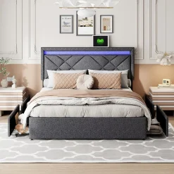 Generique Lit 160x200 avec LED et USB, Lit Double avec à Lattes, Lit capitonné 160x200cm avec 4 tiroirs et Grand Rangement Lit, Gris* Lit Double