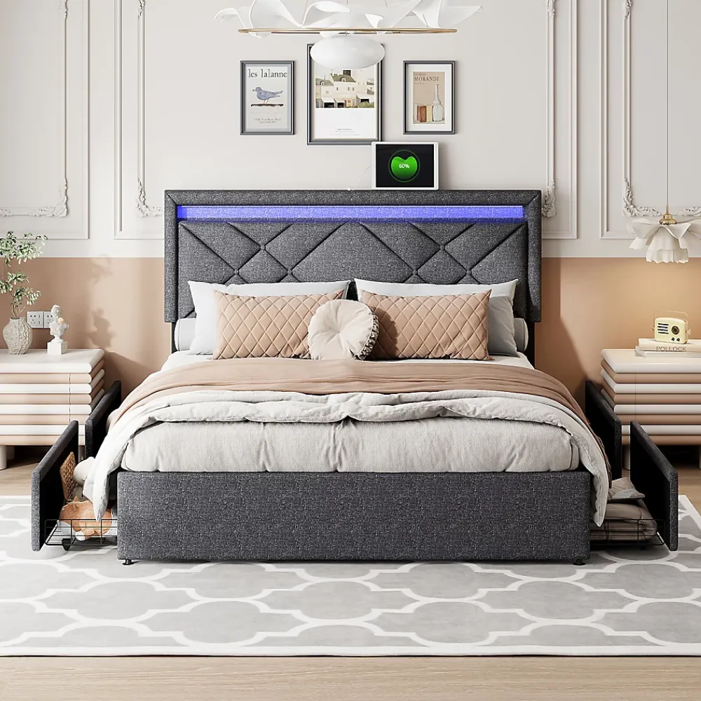 Generique Lit 160x200 avec LED et USB, Lit Double avec à Lattes, Lit capitonné 160x200cm avec 4 tiroirs et Grand Rangement Lit, Gris* Lit Double