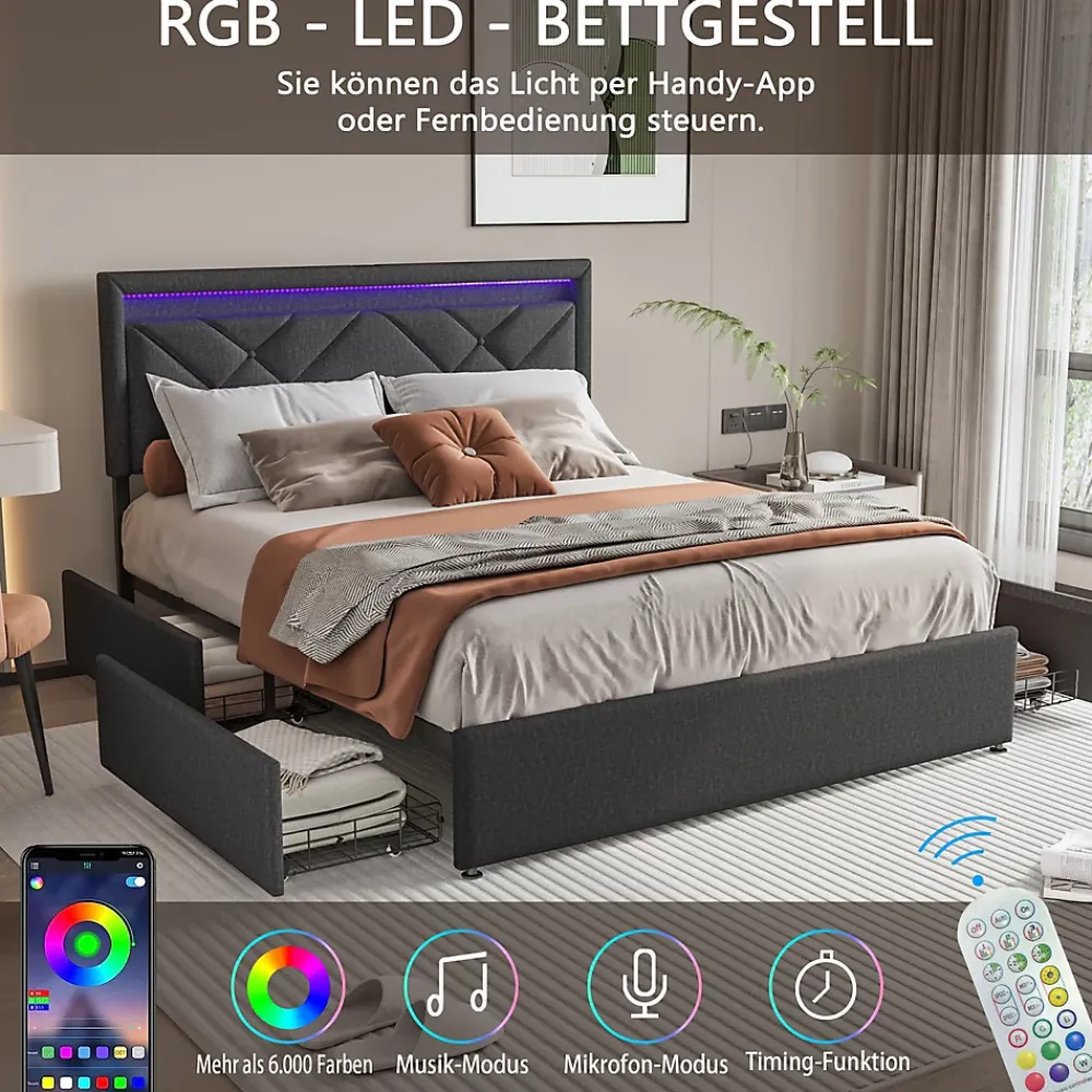 Generique Lit 160x200 avec LED et USB, Lit Double avec à Lattes, Lit capitonné 160x200cm avec 4 tiroirs et Grand Rangement Lit, Gris* Lit Double