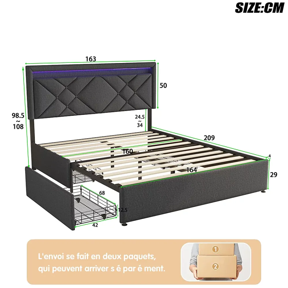 Generique Lit 160x200 avec LED et USB, Lit Double avec à Lattes, Lit capitonné 160x200cm avec 4 tiroirs et Grand Rangement Lit, Gris* Lit Double