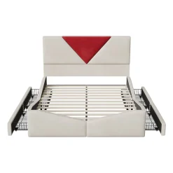 Simple Life Lit 140x190 avec Rangements, Tête de Lit Bicolore Bordeaux, 2 Tiroirs, Design Moderne, Velours, Beige* Lit Coffre