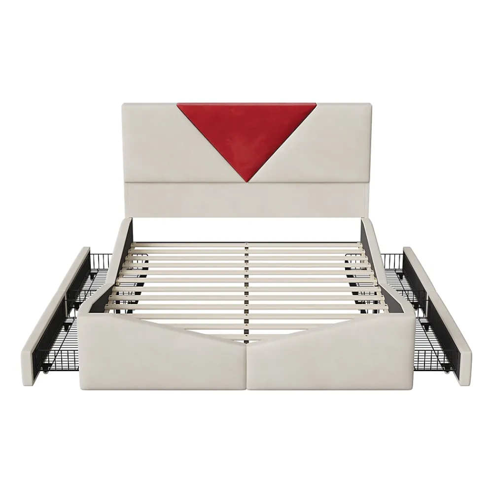 Simple Life Lit 140x190 avec Rangements, Tête de Lit Bicolore Bordeaux, 2 Tiroirs, Design Moderne, Velours, Beige* Lit Coffre