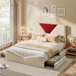 Simple Life Lit 140x190 avec Rangements, Tête de Lit Bicolore Bordeaux, 2 Tiroirs, Design Moderne, Velours, Beige* Lit Coffre