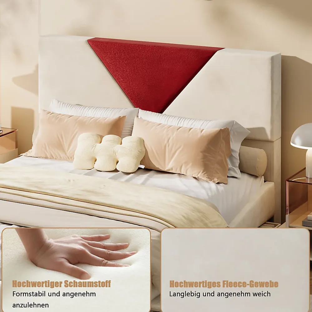 Simple Life Lit 140x190 avec Rangements, Tête de Lit Bicolore Bordeaux, 2 Tiroirs, Design Moderne, Velours, Beige* Lit Coffre