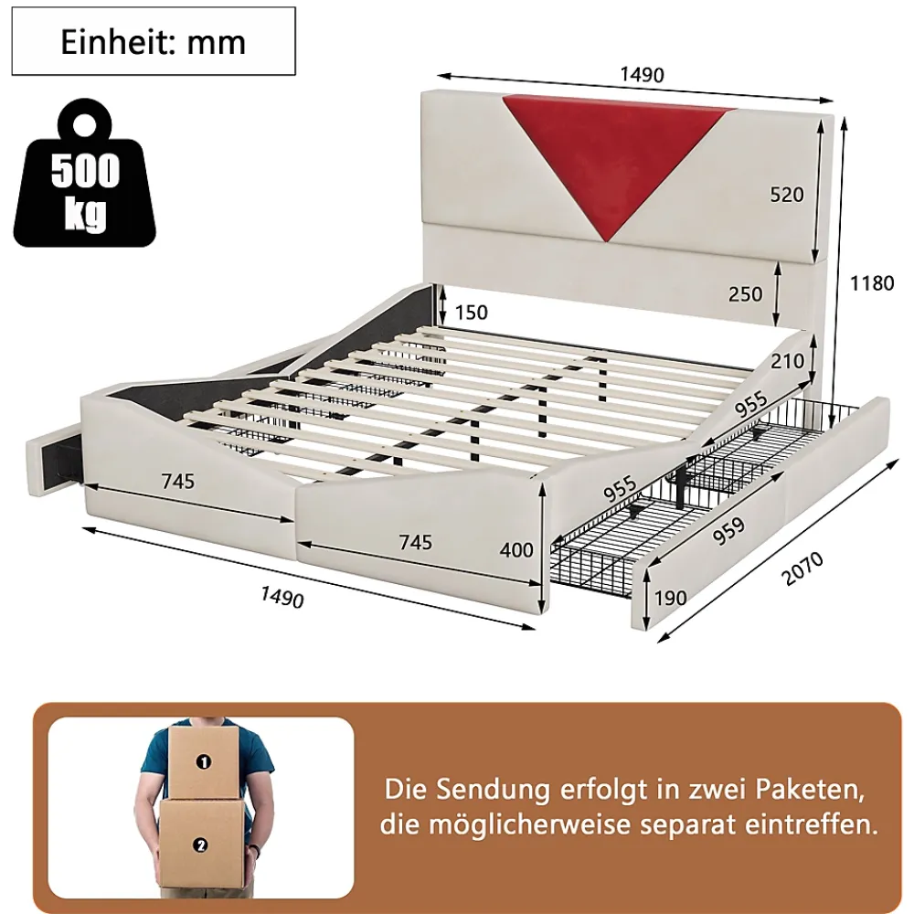 Simple Life Lit 140x190 avec Rangements, Tête de Lit Bicolore Bordeaux, 2 Tiroirs, Design Moderne, Velours, Beige* Lit Coffre