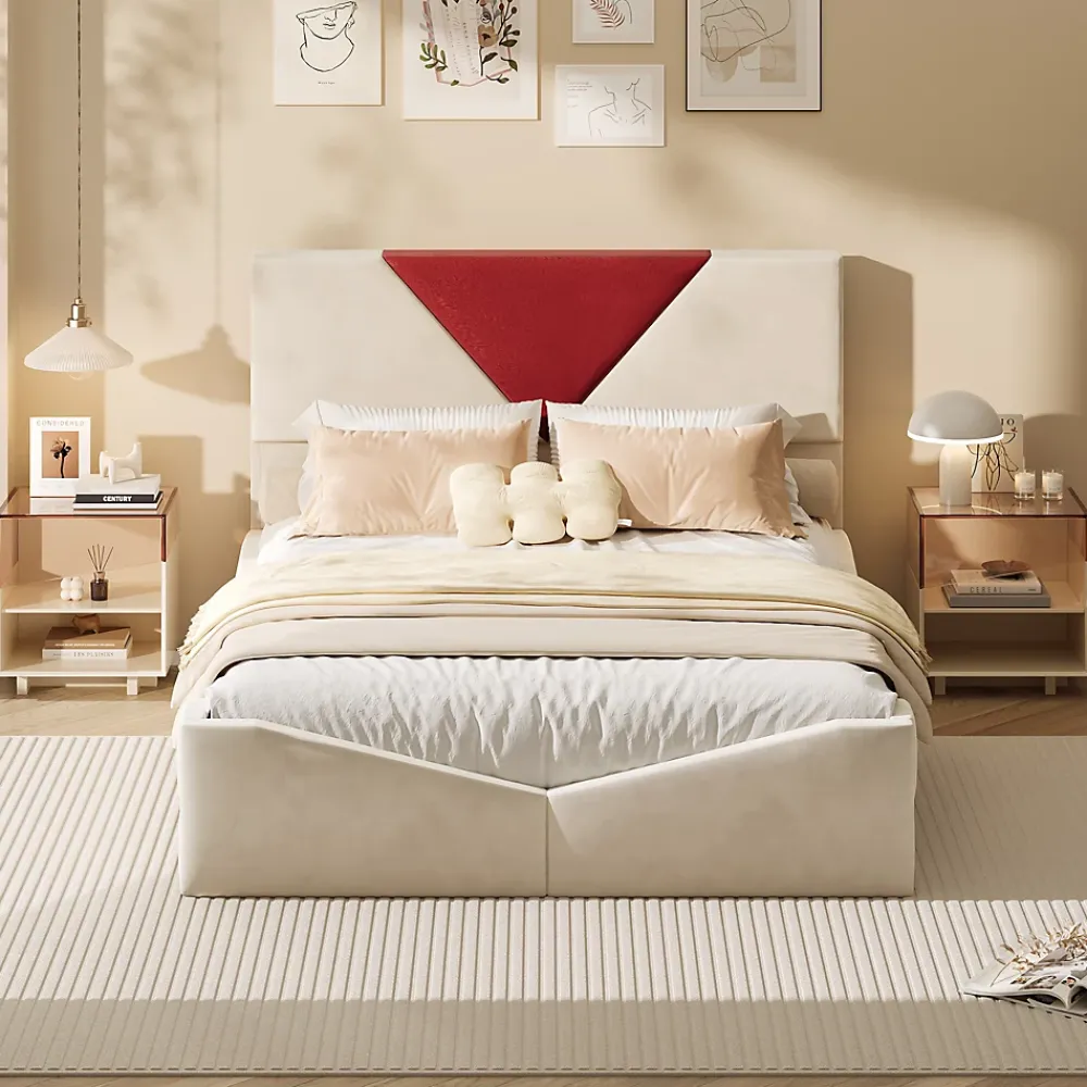 Simple Life Lit 140x190 avec Rangements, Tête de Lit Bicolore Bordeaux, 2 Tiroirs, Design Moderne, Velours, Beige* Lit Coffre