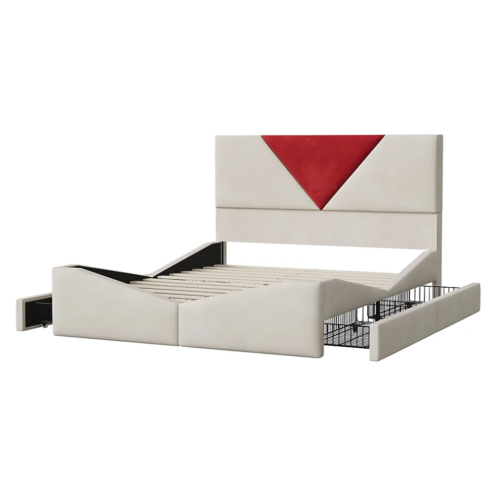 Simple Life Lit 140x190 avec Rangements, Tête de Lit Bicolore Bordeaux, 2 Tiroirs, Design Moderne, Velours, Beige* Lit Coffre