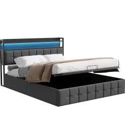Lit 140x200 avec Sommier, Cadre de lit avec Éclairage LED et 2 Prises CA & 2 Ports USB,Tissu en Lin, Gris>Fortuna lai Online